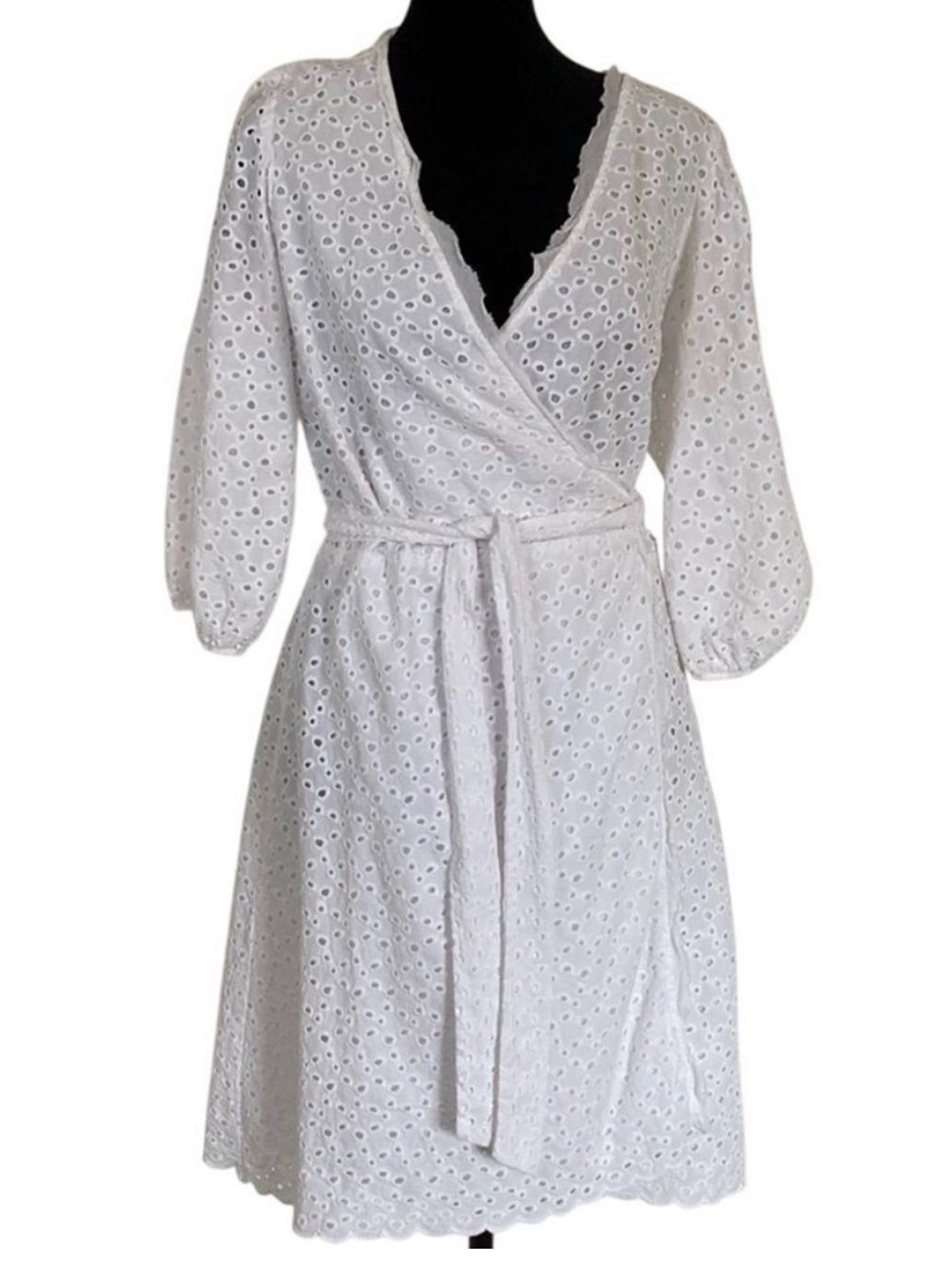 VELVET BY GRAHAM & SPENCER Merina Cotton Eyelet 3/4 Sleeve Wrap Dress in White